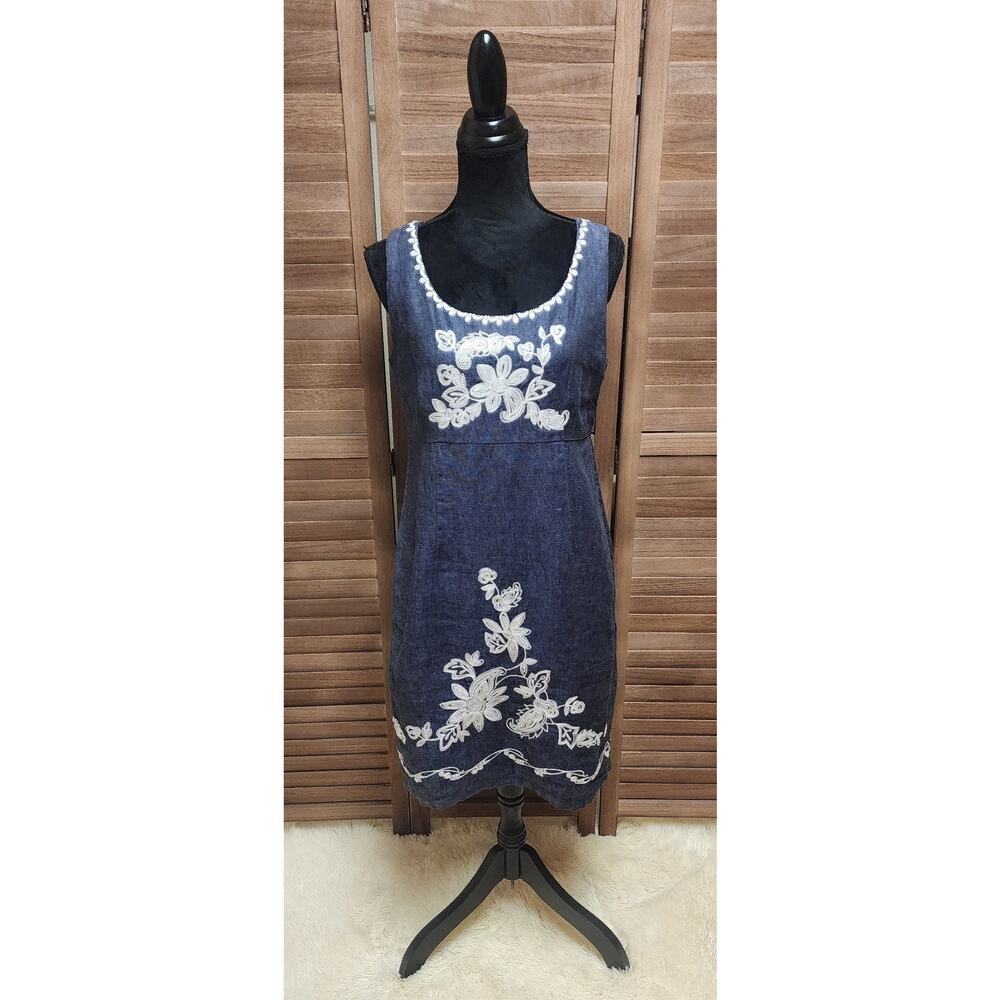 TSD Two Star Dog 100% Linen Dress Stitched Detailing Floral Womens Size Small S